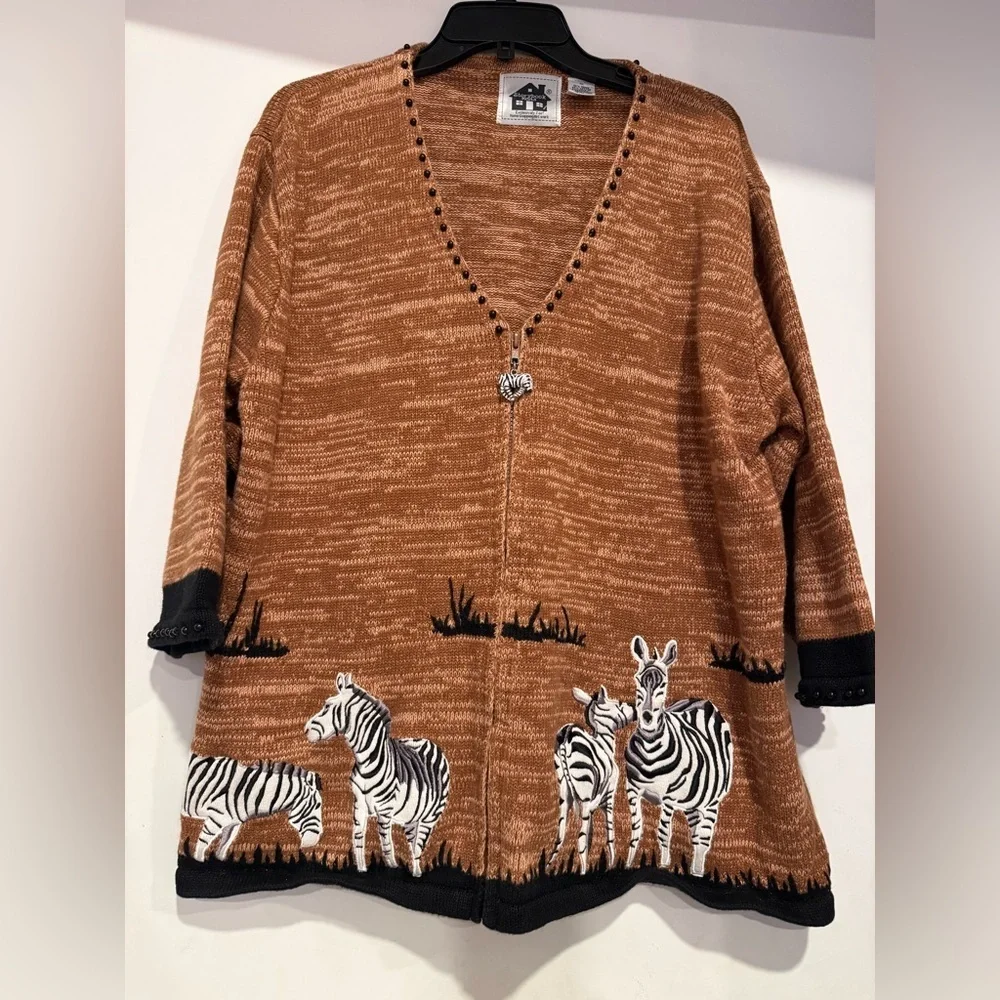 Storybook Knits "Zebra Sunset” Tan/Black/White Cardigan Sweater Size 1X - Picture 1 of 7